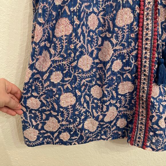 Indigo Desert Block Print Blouse Top Large Blue Floral Metallic Boho Beachy - Picture 5 of 12